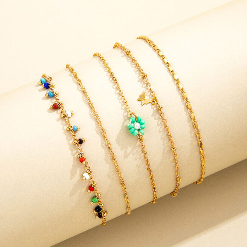 Bohemian Style Fashion Color Rice Bead Chain Butterfly Flower Anklet Five-piece Set