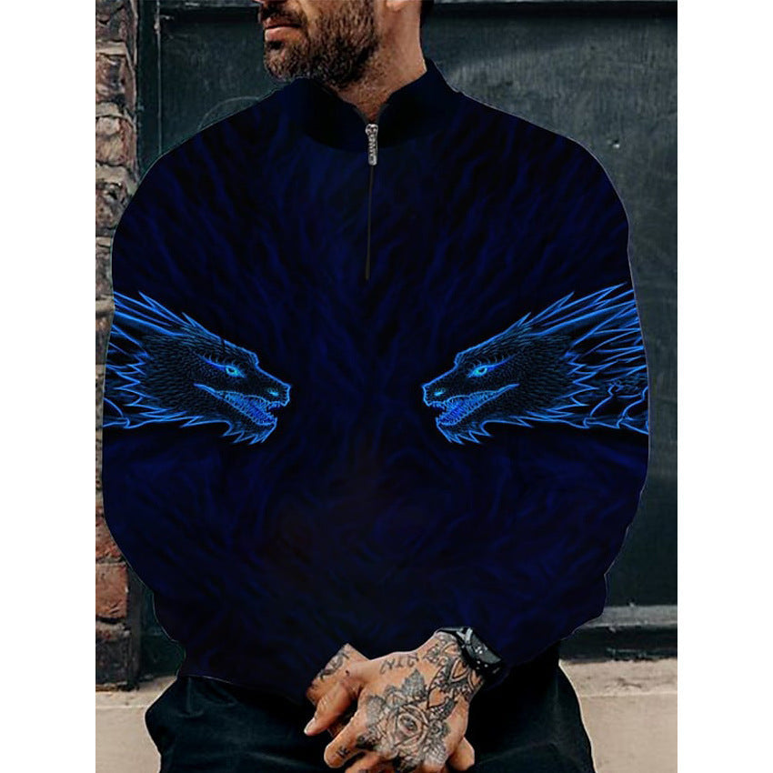 Men's Casual 3D Geometric Printing Fashion Trend Zip Lapel POLO Shirt