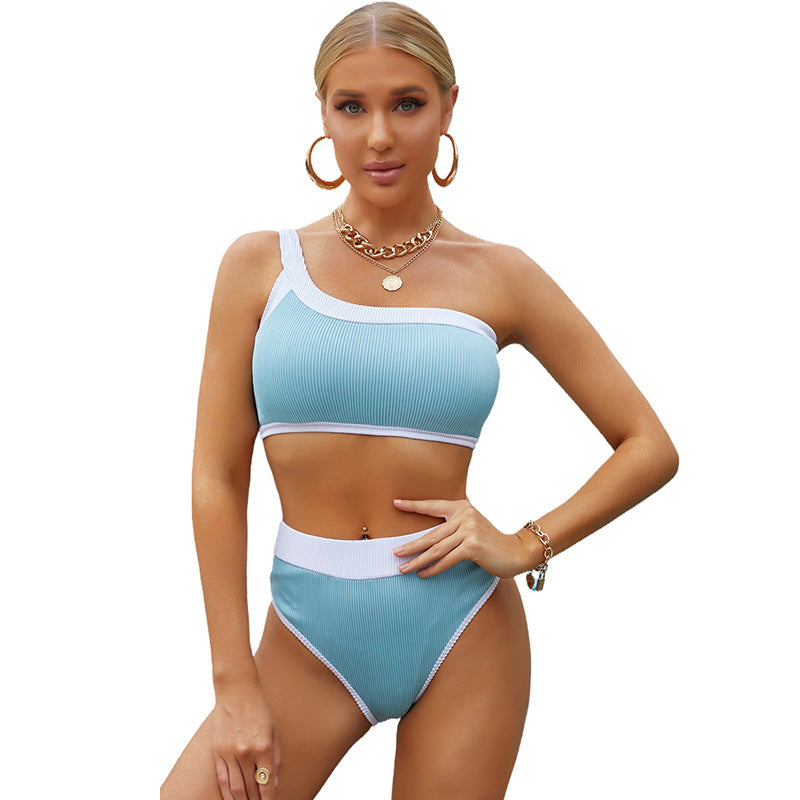 Single-side Strap Bikini Women's European And American Pure Color Tight High Waist Split