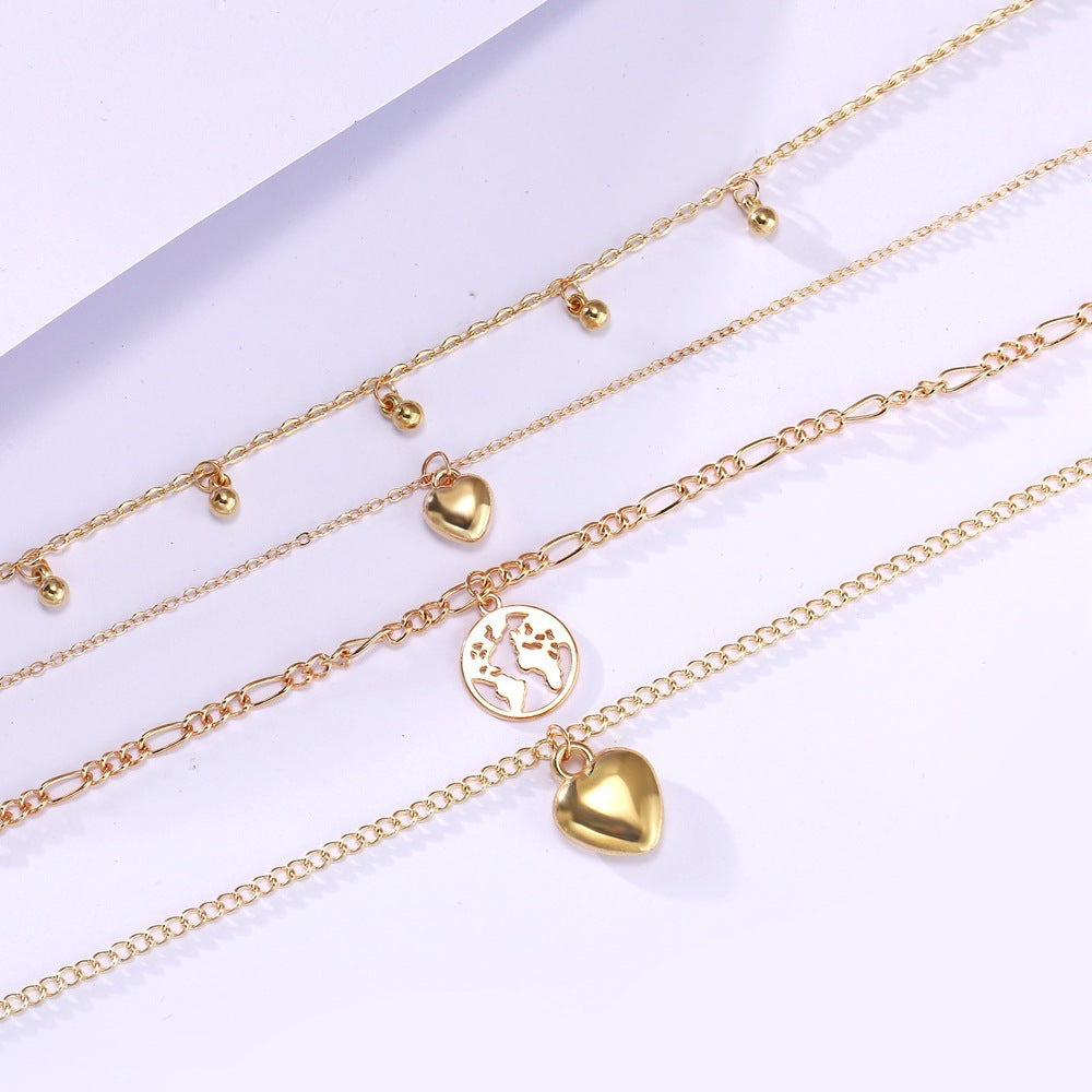 Water Drop Love Heart Map Pendant Four Layer Necklace