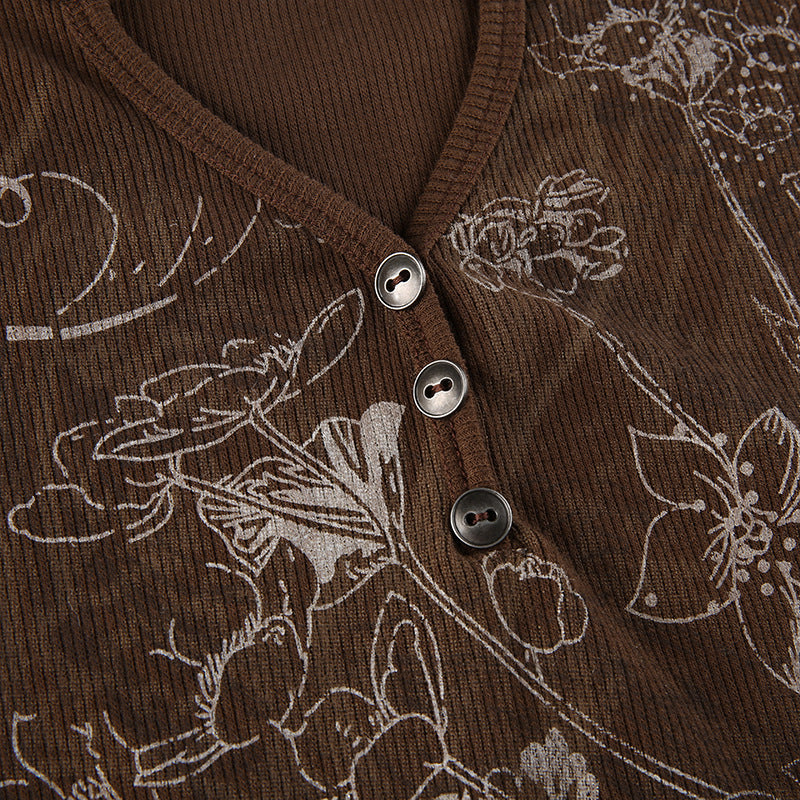 Women's V Neck Slim Floral Print Top