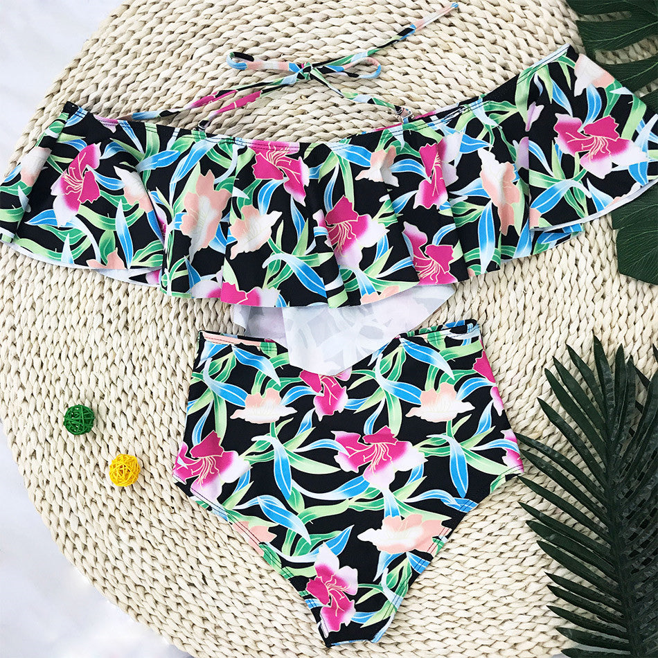 Off-the-shoulder split ruffle bikini