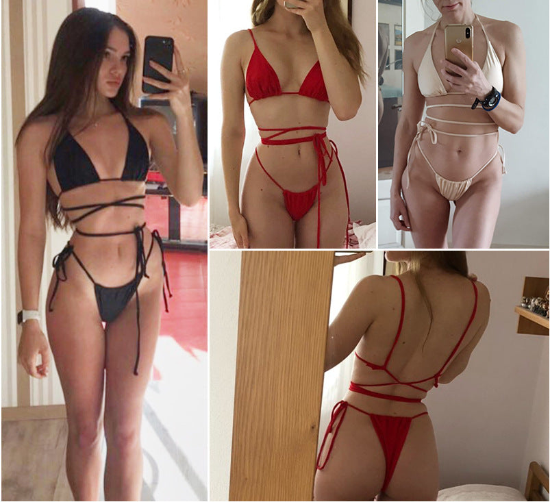 Super Sexy Pleated Sub-system Rope Bikini Split Swimsuit