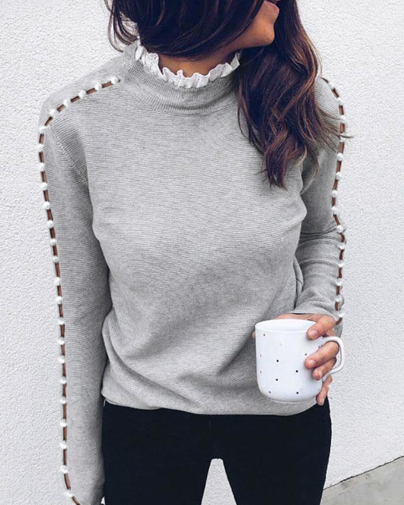Lace turtleneck pearl hollow on