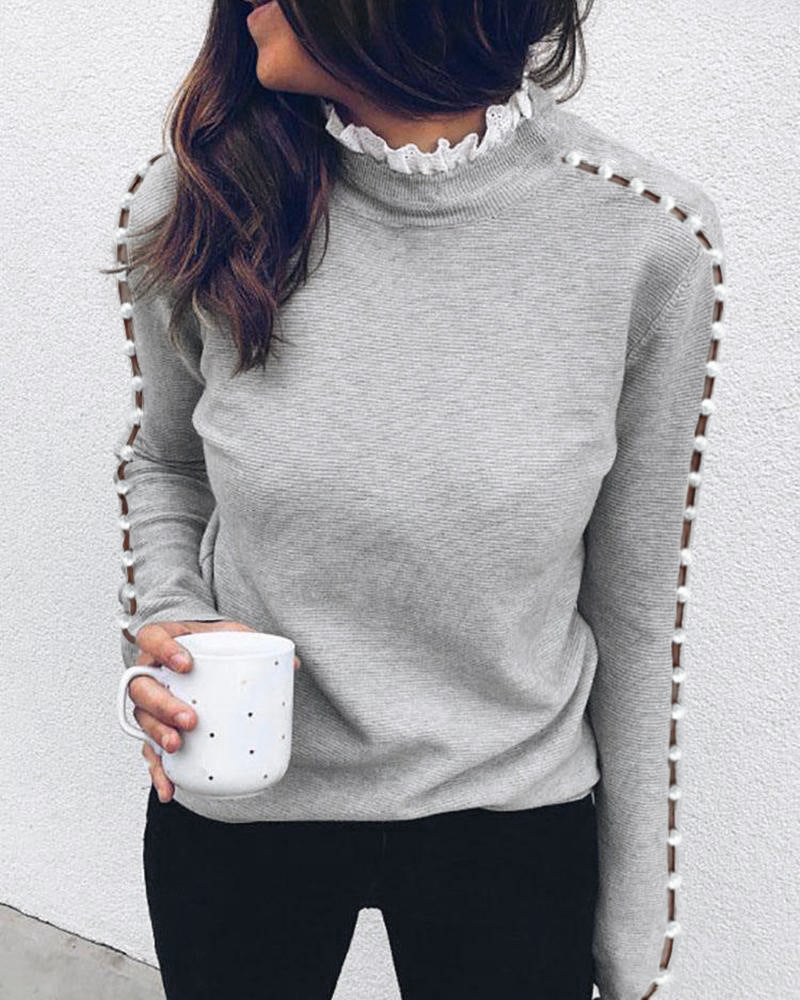 Lace turtleneck pearl hollow on