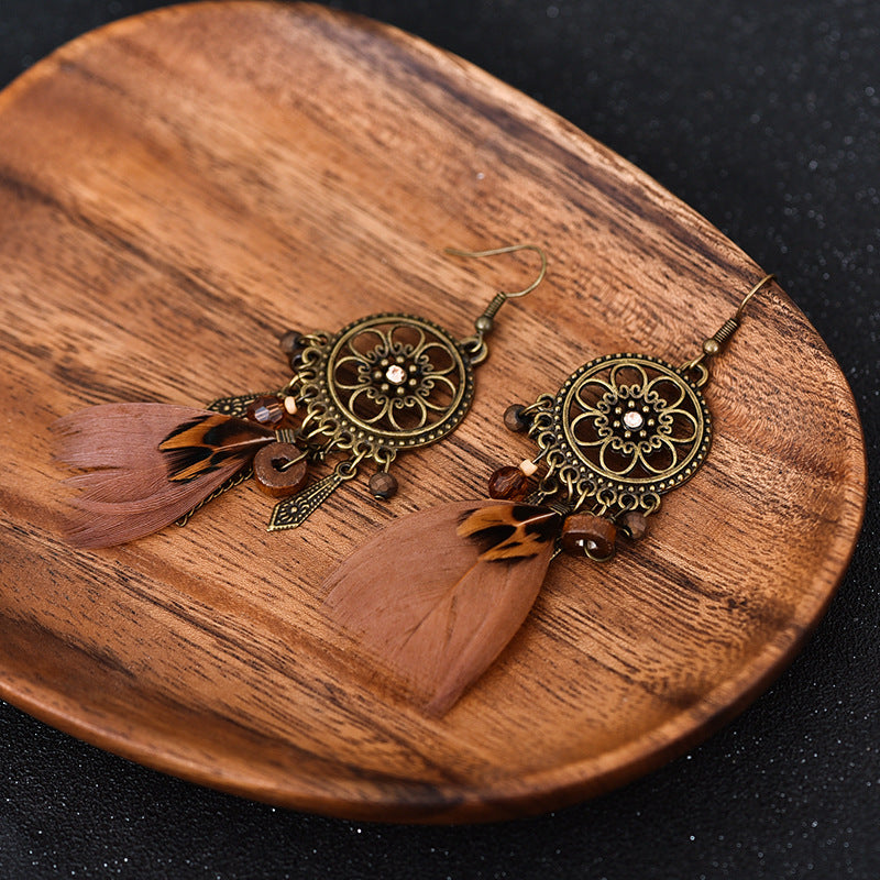 Diamond-Studded Wood Bead Earrings Earrings Feather Earrings Female Jewelry