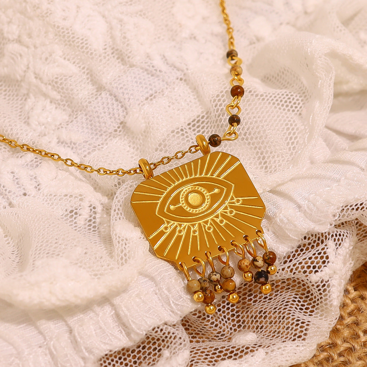 Retro Natural Stone Square Pendant Necklace Bohemian Design Evil Eye Chain