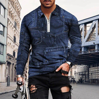 Men's Casual 3D Geometric Printing Fashion Trend Zip Lapel POLO Shirt