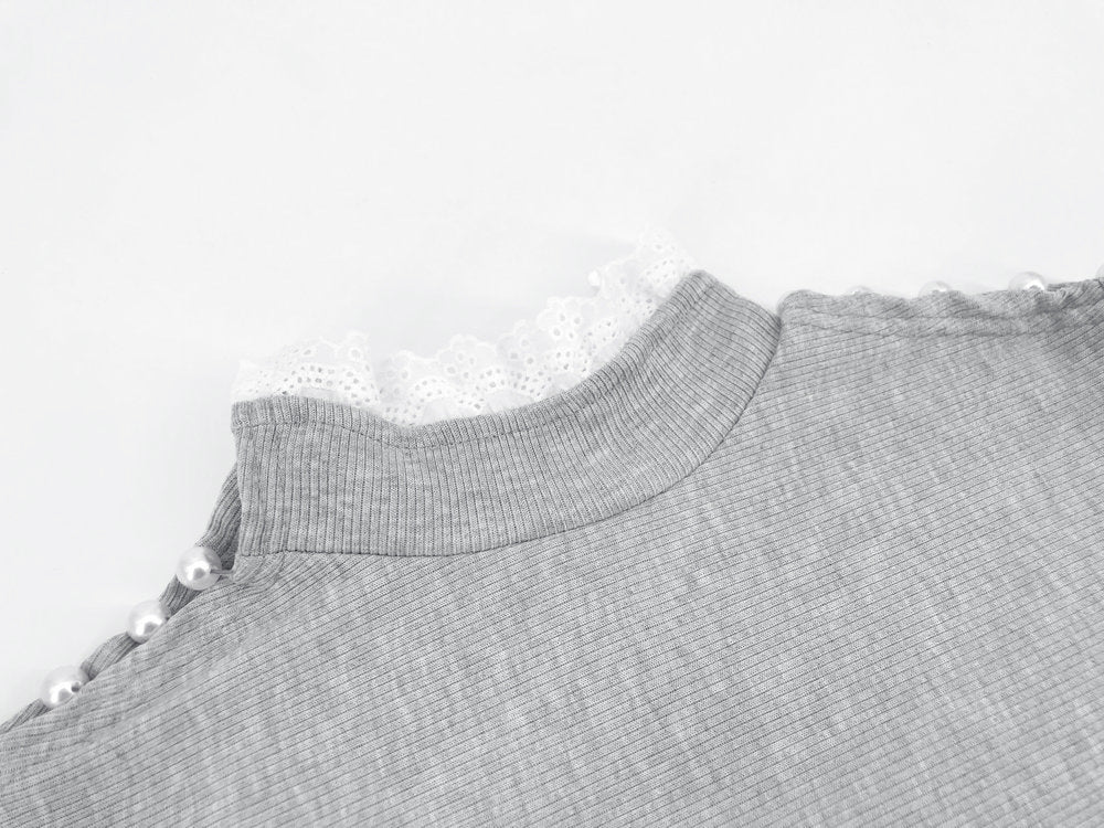 Lace turtleneck pearl hollow on