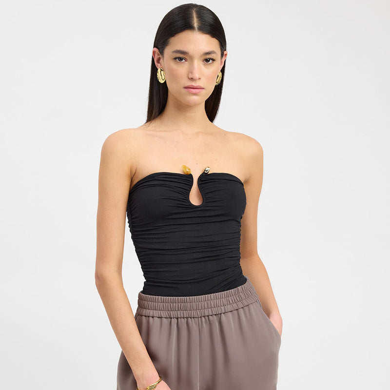 Solid Color Chest-wrapped Backless Pleated Agate T-shirt