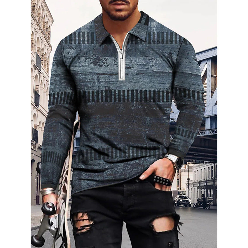 Men's Casual 3D Geometric Printing Fashion Trend Zip Lapel POLO Shirt