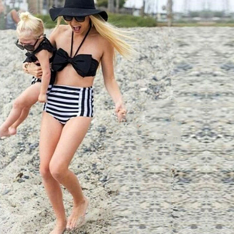 Parent-Child Beach Bikini Printed Striped Split Swimsuit