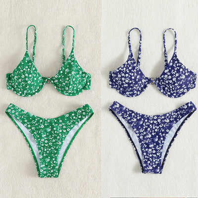 Double-shoulder Floral Steel Bracket Backless High Waist Triangle Swimsuit