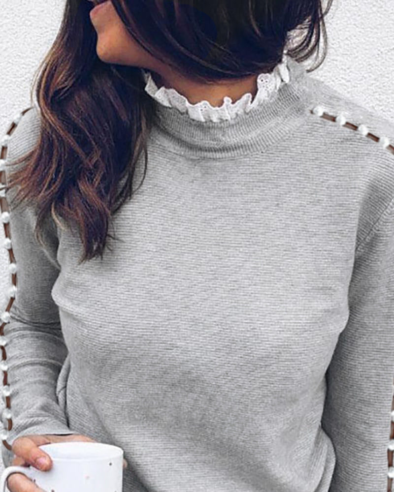 Lace turtleneck pearl hollow on
