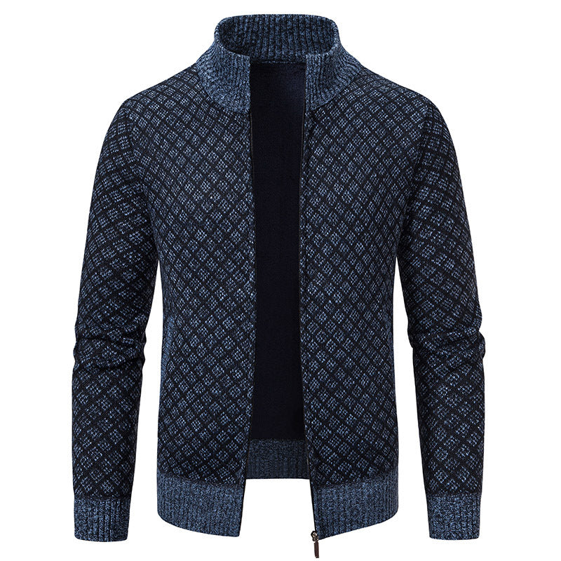 Thickened Plaid Print Jacket Cardigan Fashion Slim Fit Zipper Stand Collar Sweater Winter Men's Casual Long Sleeve Knitted Top Clothing