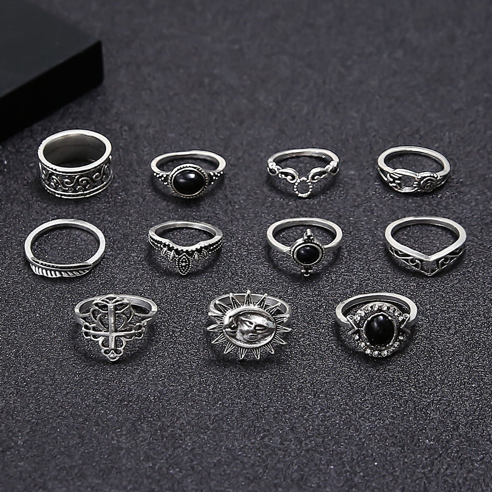 Hollow Carved Black Gemstone And Micro Diamond Ring Sun Smiley Face Ring