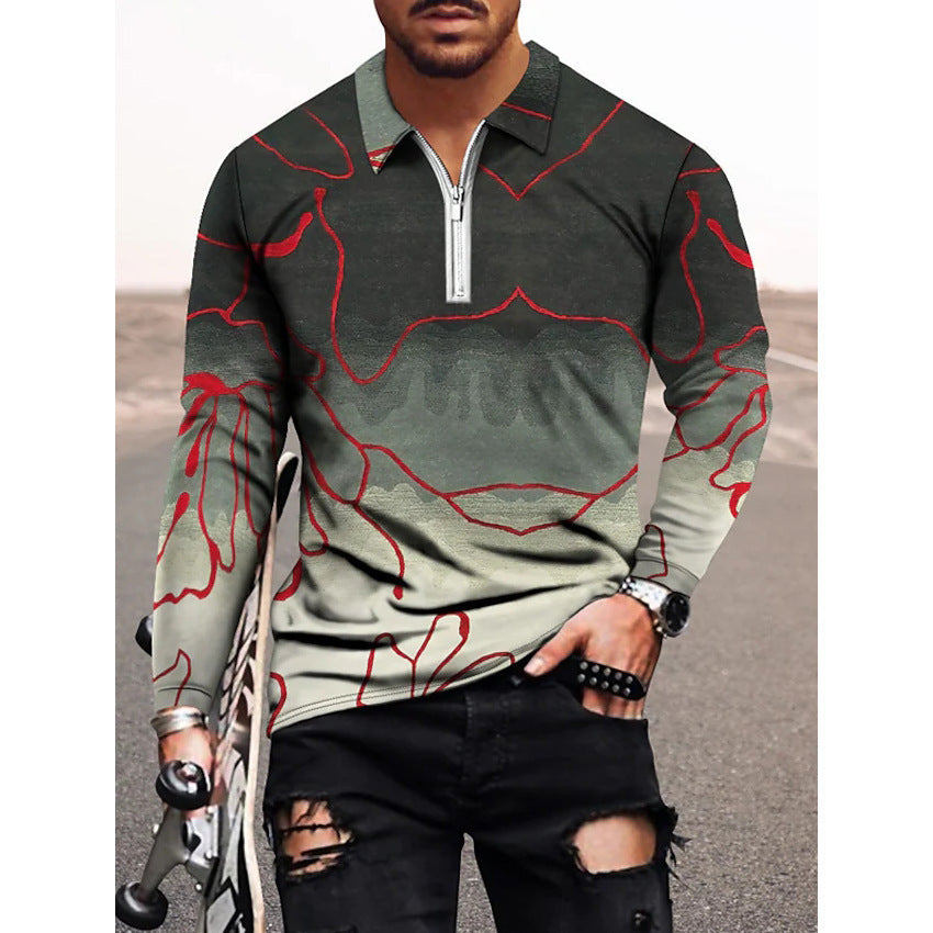 Men's Casual 3D Geometric Printing Fashion Trend Zip Lapel POLO Shirt