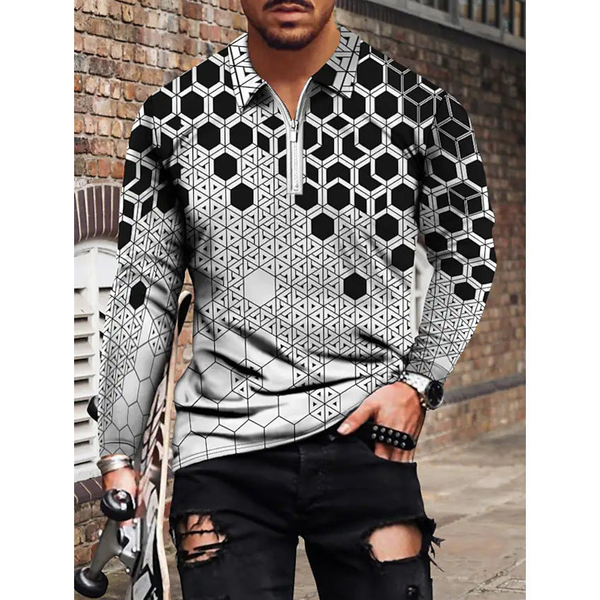 Men's Casual 3D Geometric Printing Fashion Trend Zip Lapel POLO Shirt