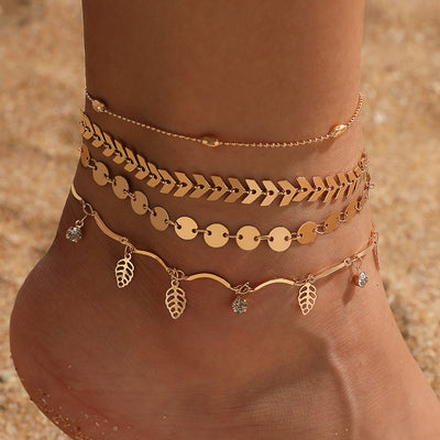 Fashion Leaf Diamond Round Four Layer Anklet