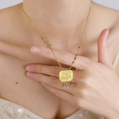 Retro Natural Stone Square Pendant Necklace Bohemian Design Evil Eye Chain