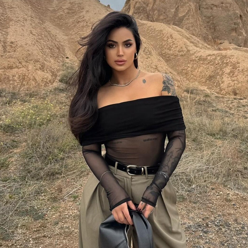 Pure Color Mesh Stitching Off-neck Collarbone Slim Fit Slimming Top Women's Clothing