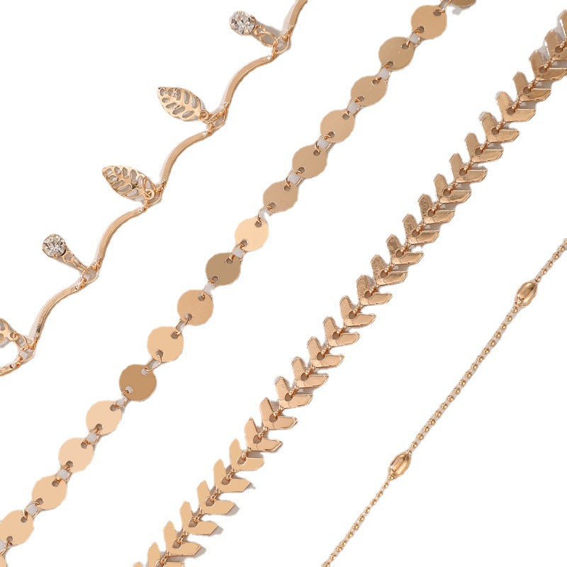 Fashion Leaf Diamond Round Four Layer Anklet