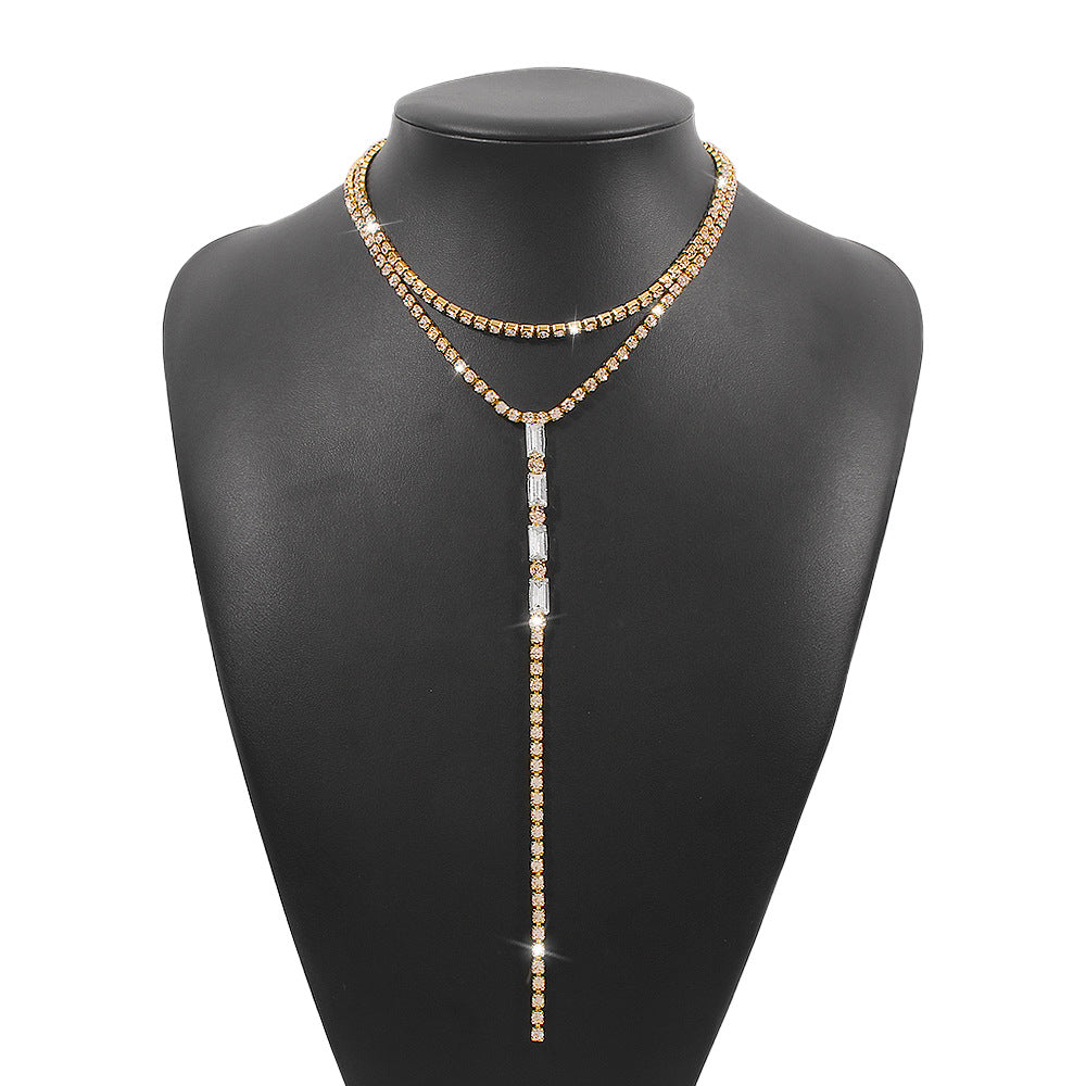 Fashionable All-match Y-shaped Necklace Full Diamond Back Chain Super Shiny Light Luxury Double Layer Necklace