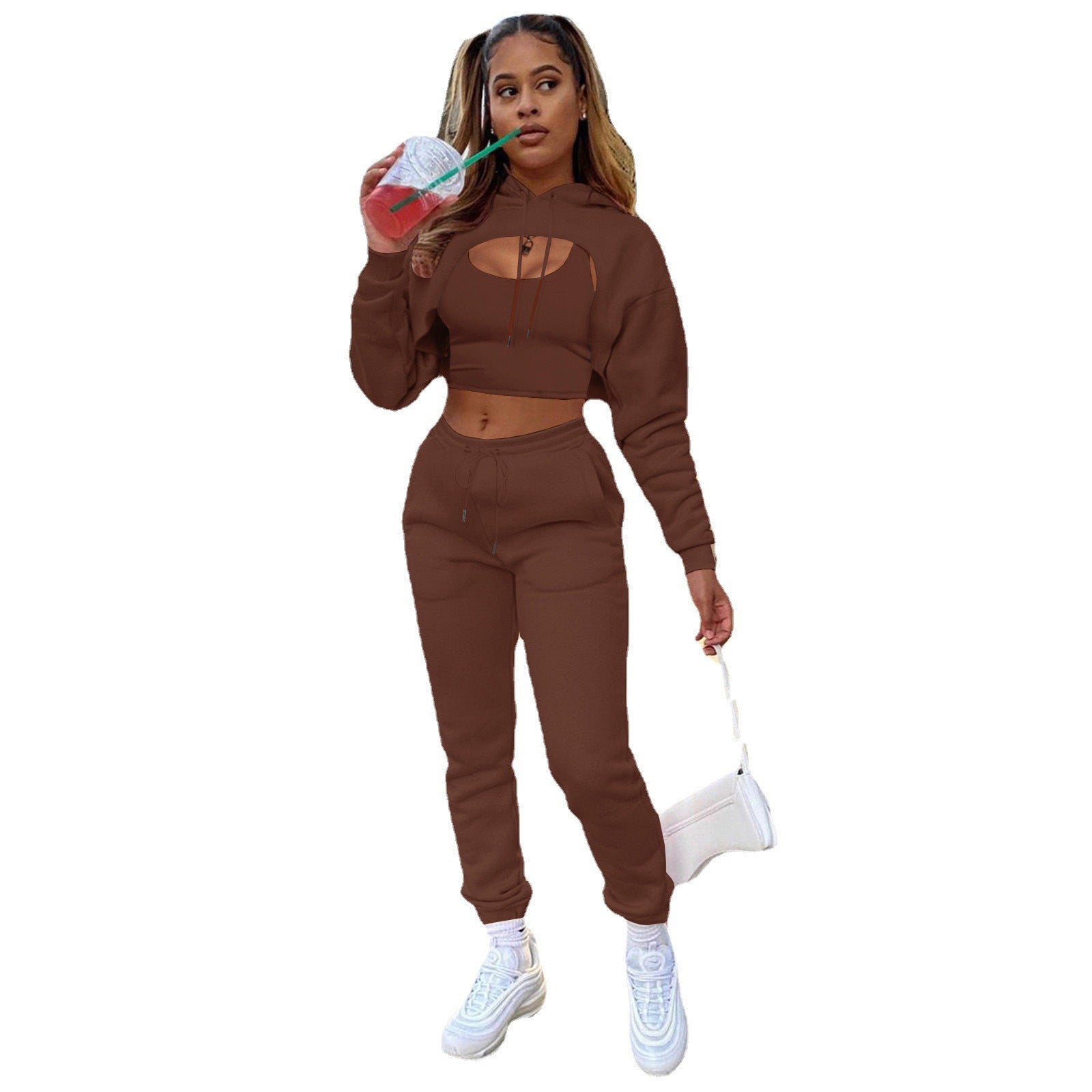 Three-piece Solid Color Hooded Sweatshirt Long-sleeved Drawstring Trousers Vest