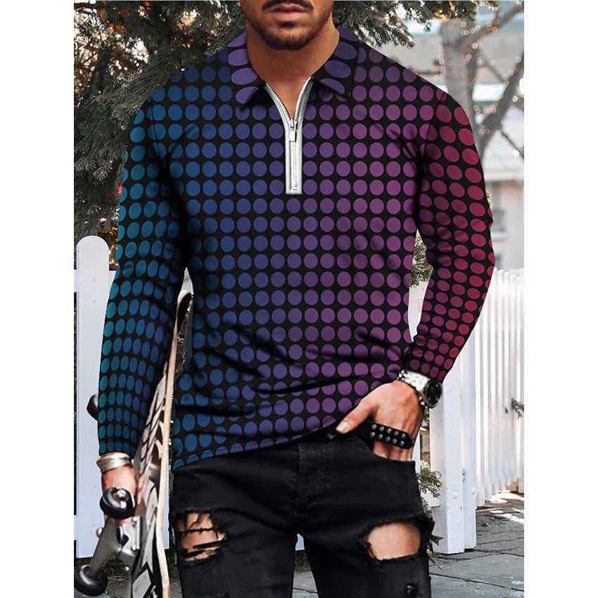 Men's Casual 3D Geometric Printing Fashion Trend Zip Lapel POLO Shirt