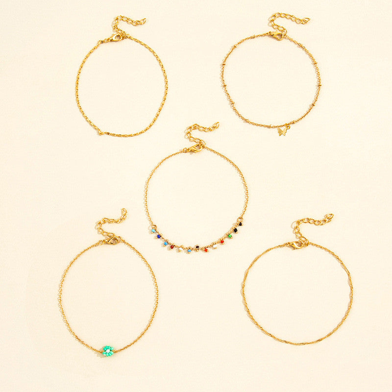 Bohemian Style Fashion Color Rice Bead Chain Butterfly Flower Anklet Five-piece Set