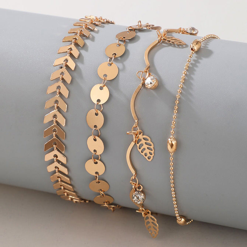Fashion Leaf Diamond Round Four Layer Anklet