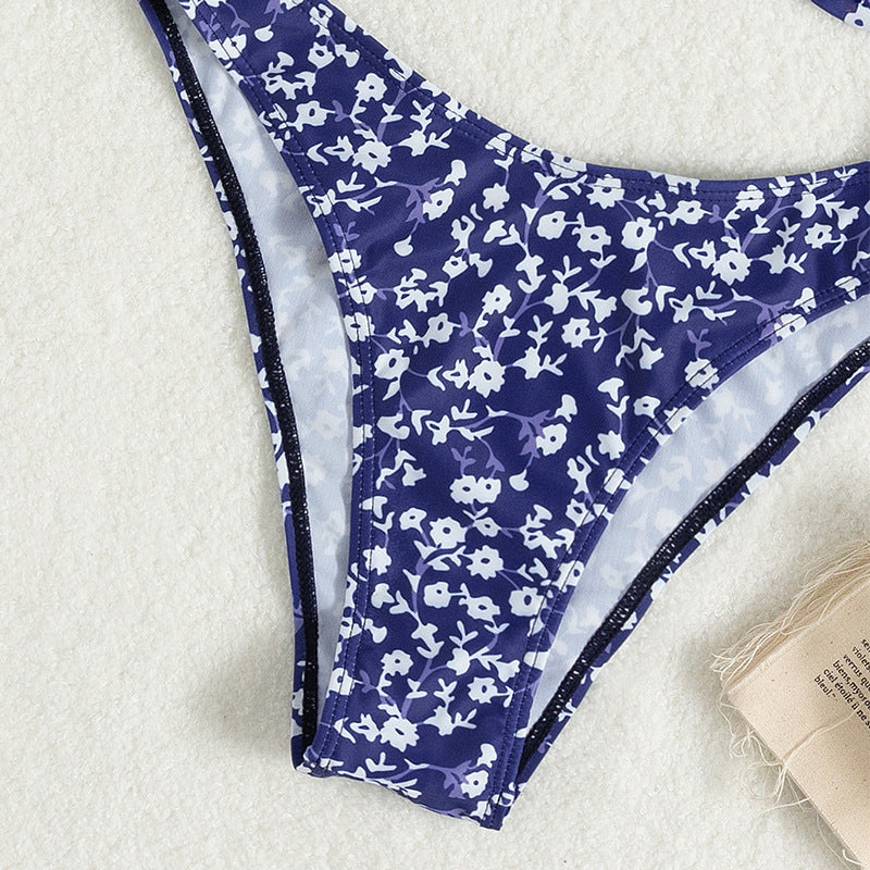 Double-shoulder Floral Steel Bracket Backless High Waist Triangle Swimsuit