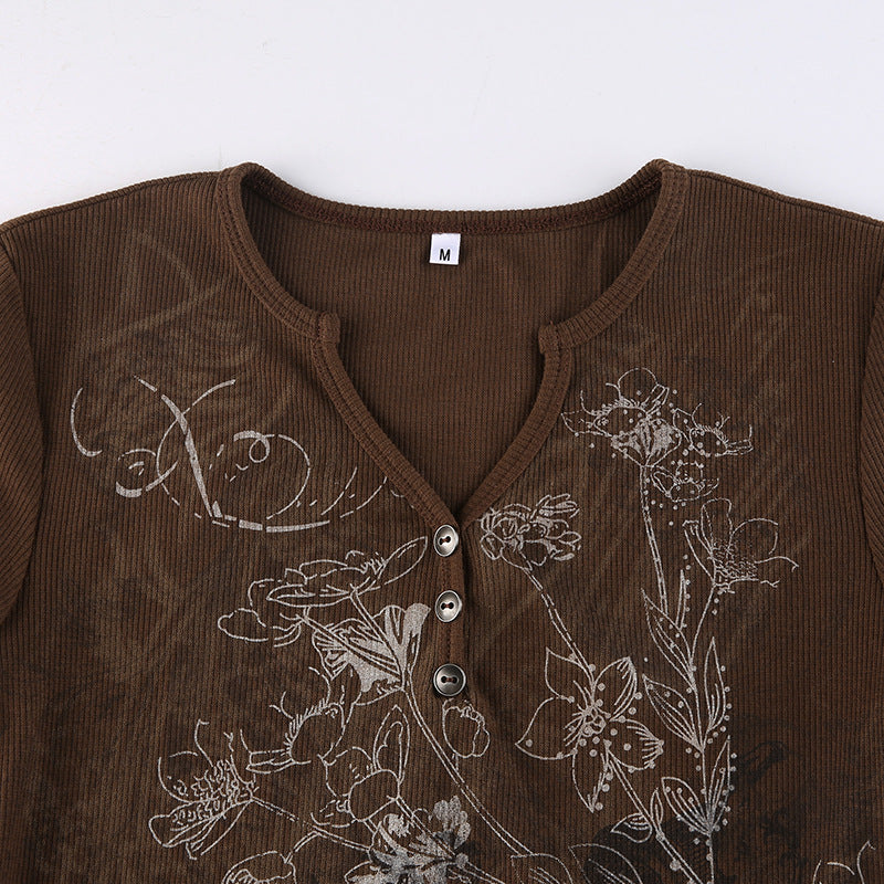 Women's V Neck Slim Floral Print Top