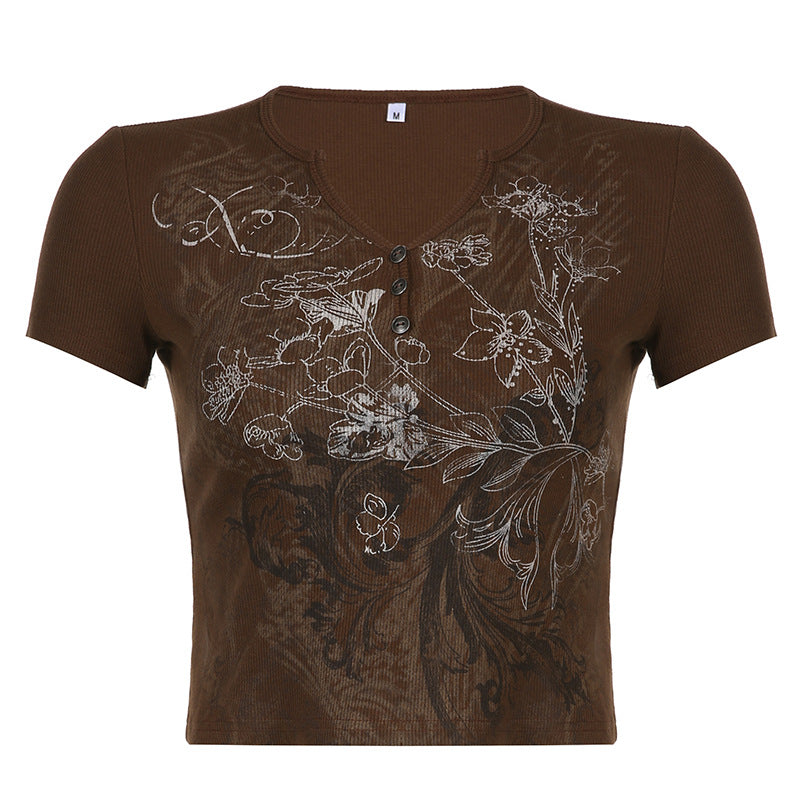 Women's V Neck Slim Floral Print Top