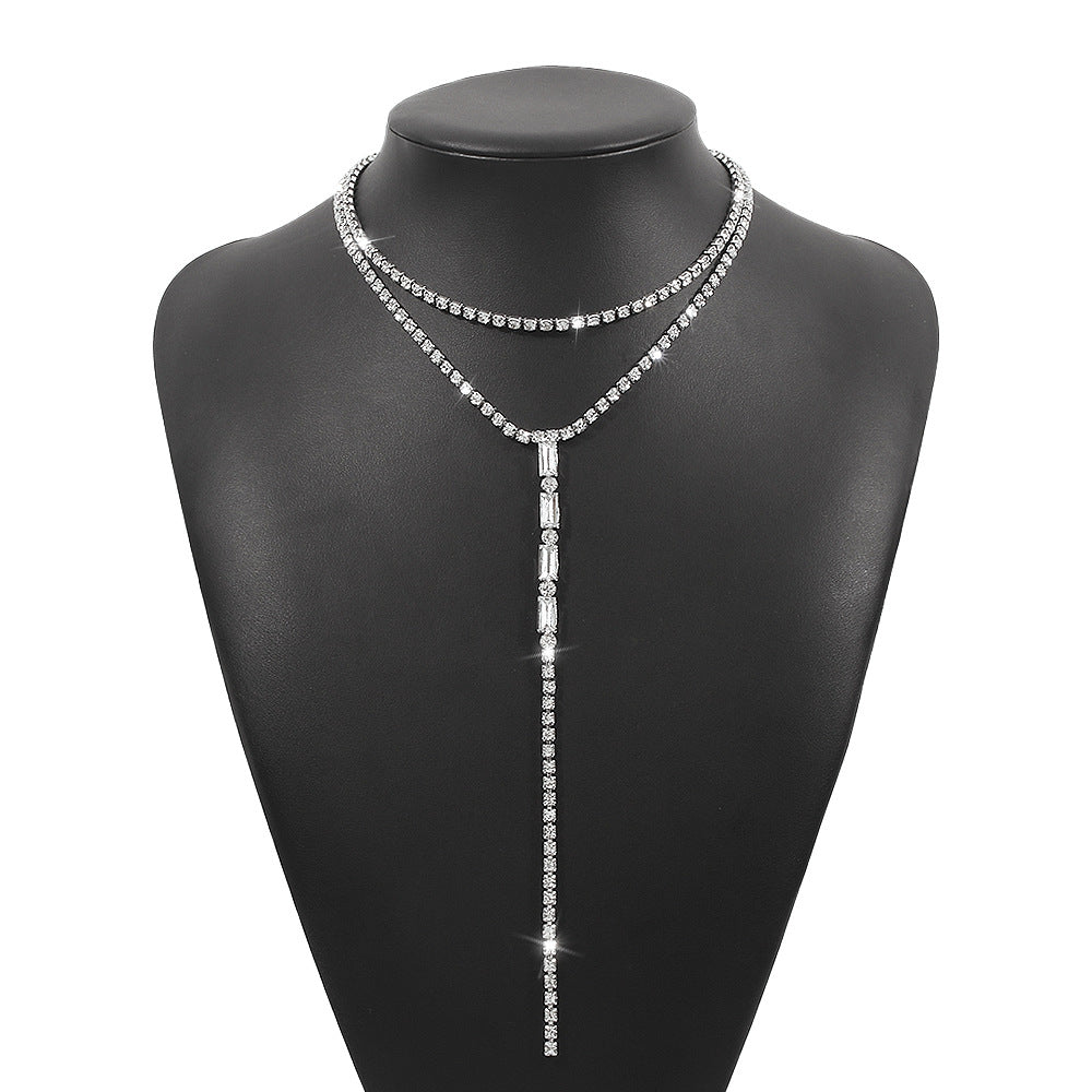 Fashionable All-match Y-shaped Necklace Full Diamond Back Chain Super Shiny Light Luxury Double Layer Necklace