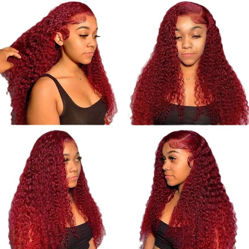 Fashion Wine Red Wig Front Lace Small Roll Wound Tube Afro Synthetic Wigs
