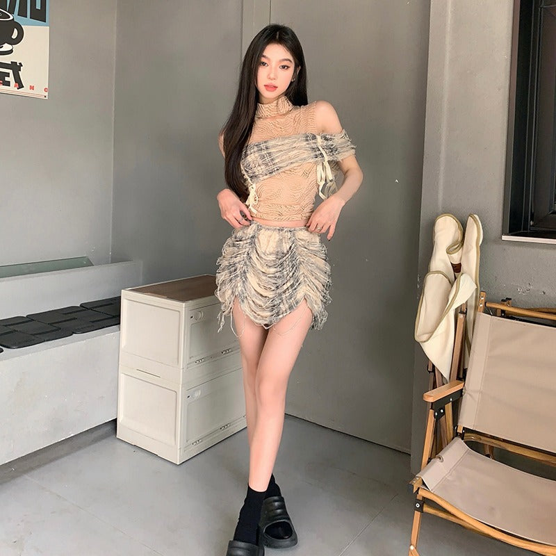 High Waist Contrast Striped Pleated Ladies Skirt