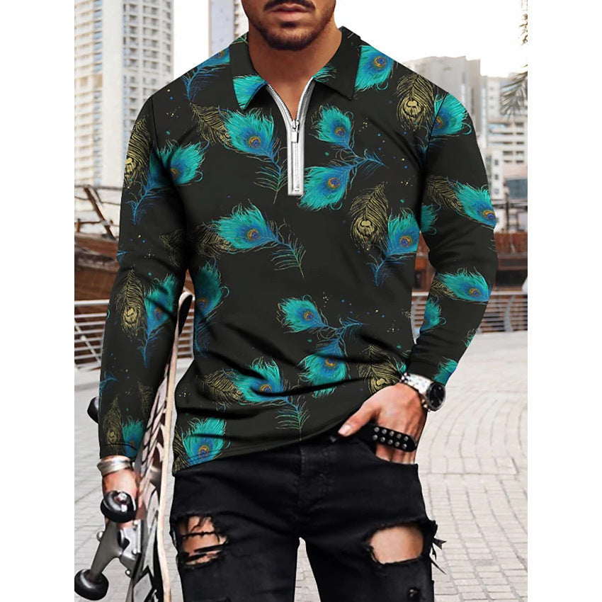 Men's Casual 3D Geometric Printing Fashion Trend Zip Lapel POLO Shirt