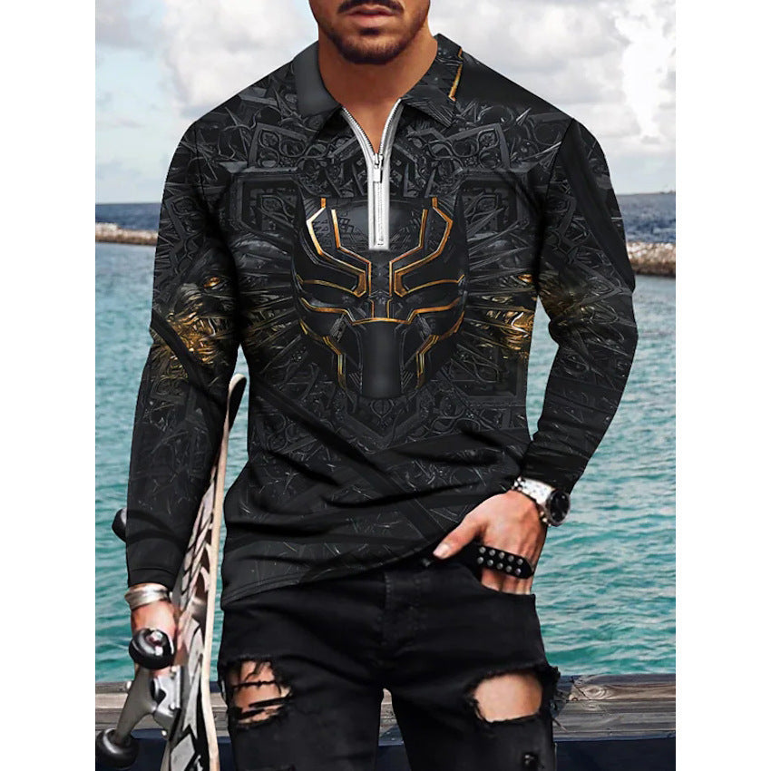 Men's Casual 3D Geometric Printing Fashion Trend Zip Lapel POLO Shirt