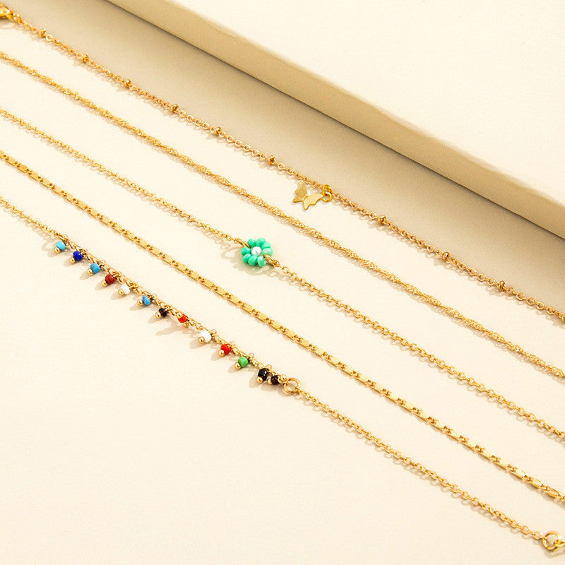 Bohemian Style Fashion Color Rice Bead Chain Butterfly Flower Anklet Five-piece Set