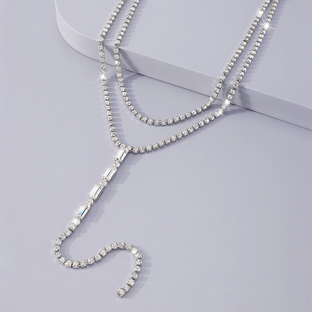 Fashionable All-match Y-shaped Necklace Full Diamond Back Chain Super Shiny Light Luxury Double Layer Necklace