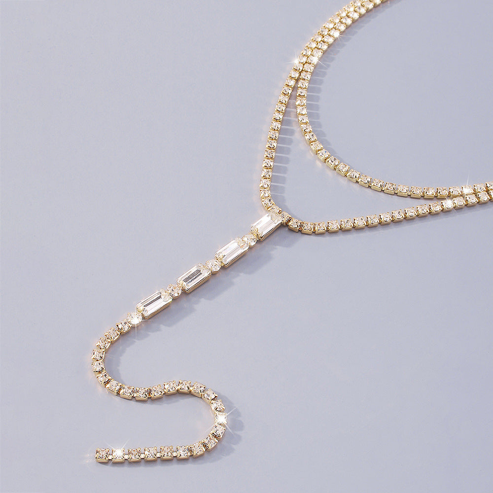 Fashionable All-match Y-shaped Necklace Full Diamond Back Chain Super Shiny Light Luxury Double Layer Necklace
