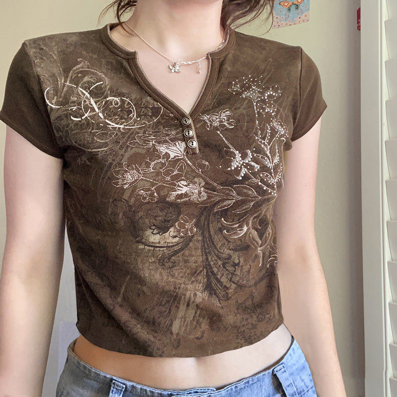 Women's V Neck Slim Floral Print Top