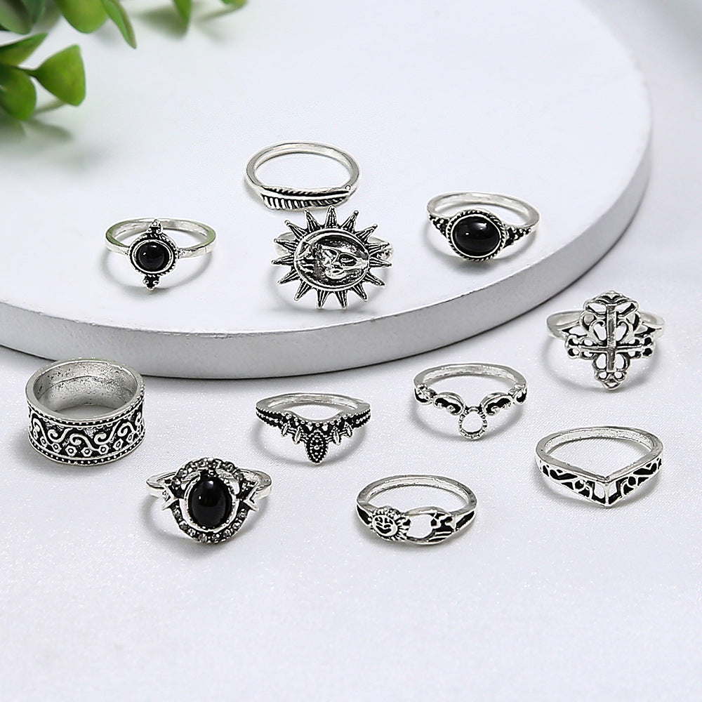 Hollow Carved Black Gemstone And Micro Diamond Ring Sun Smiley Face Ring