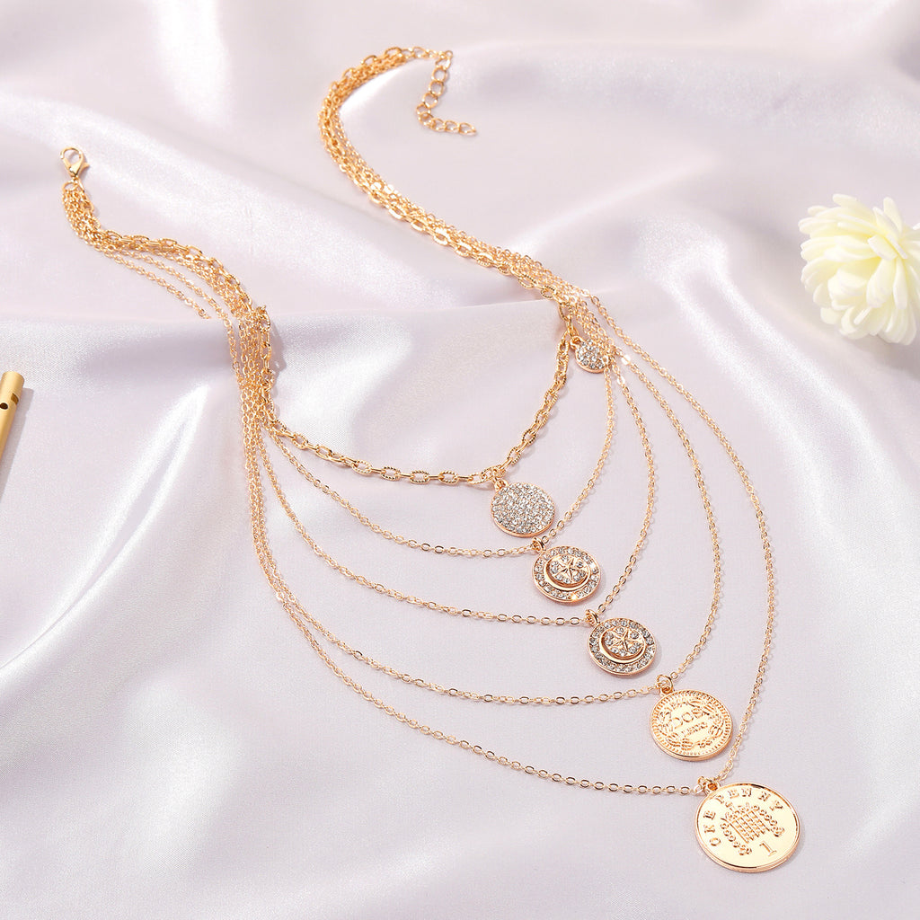 Multi-layer Twin Necklace Five-layer Badge Full Diamond Long Clavicle Chain