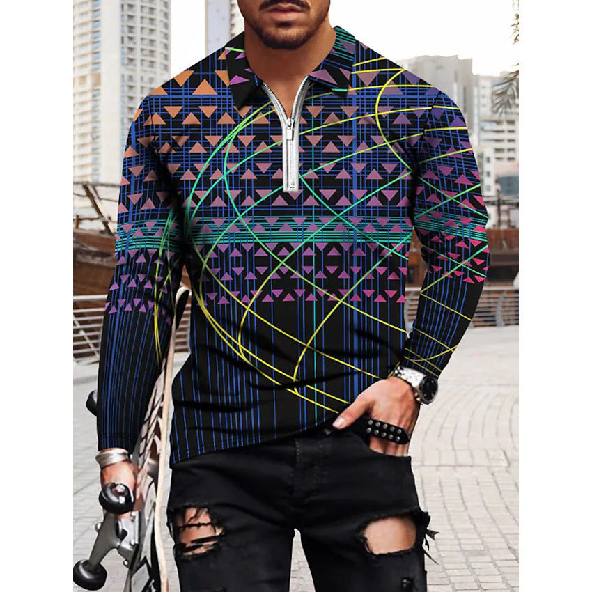 Men's Casual 3D Geometric Printing Fashion Trend Zip Lapel POLO Shirt