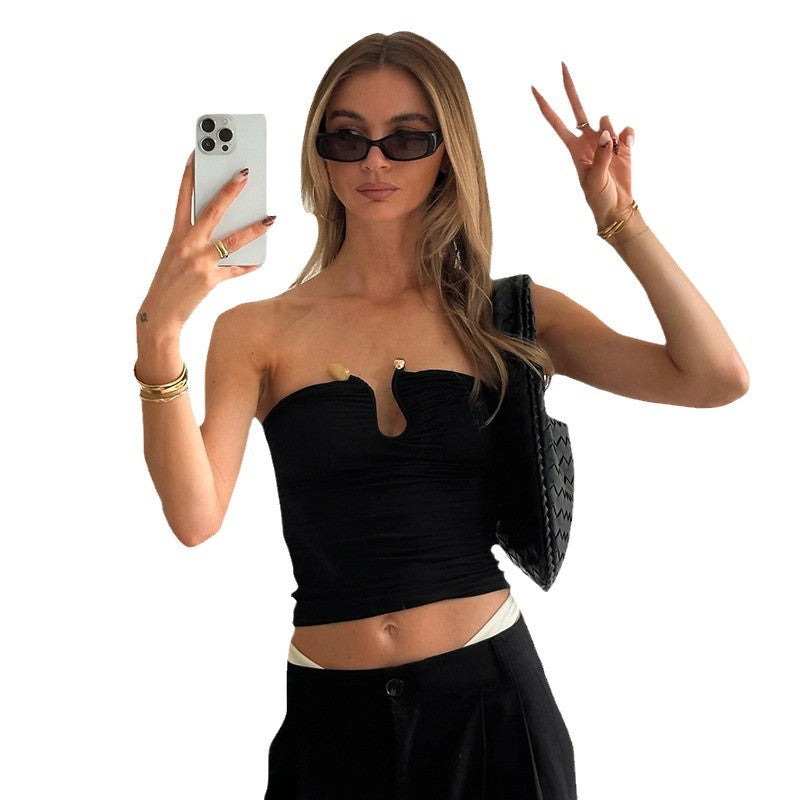 Solid Color Chest-wrapped Backless Pleated Agate T-shirt