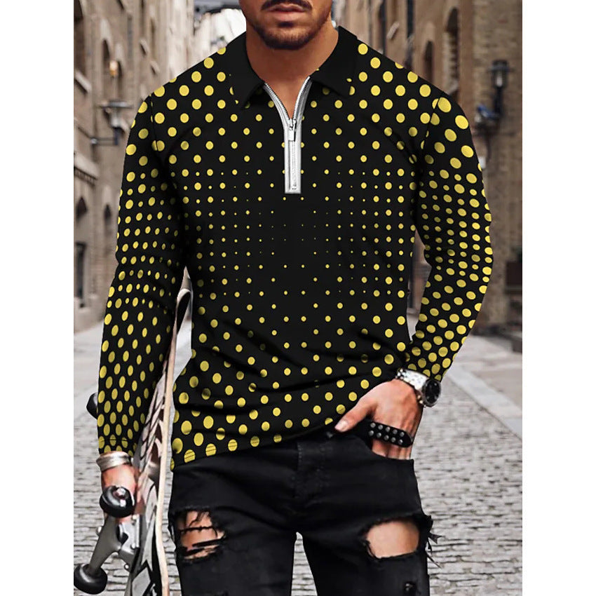 Men's Casual 3D Geometric Printing Fashion Trend Zip Lapel POLO Shirt