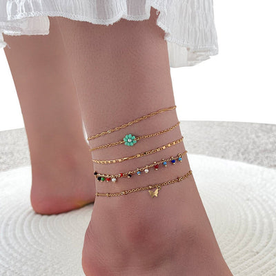Bohemian Style Fashion Color Rice Bead Chain Butterfly Flower Anklet Five-piece Set