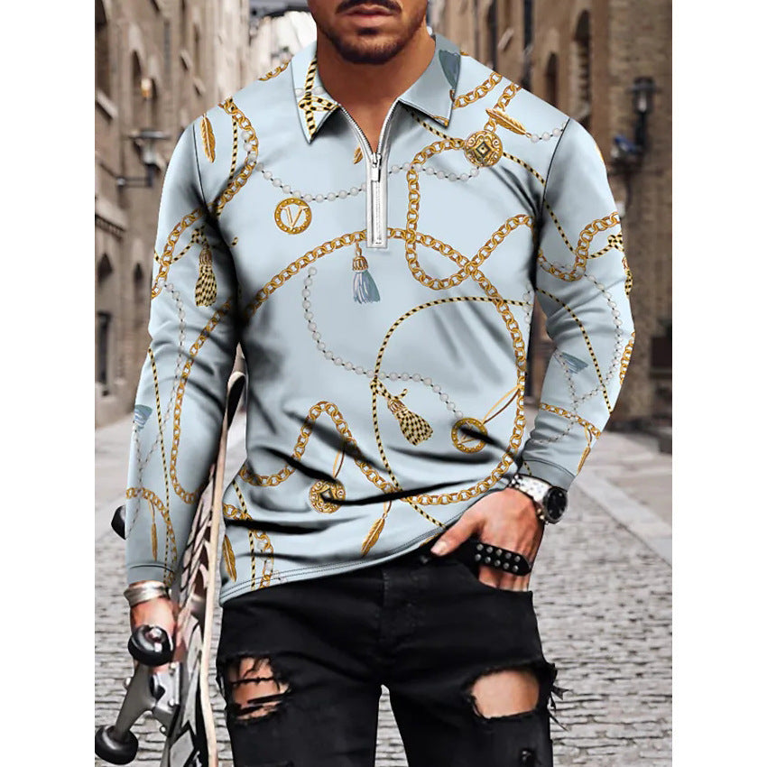 Men's Casual 3D Geometric Printing Fashion Trend Zip Lapel POLO Shirt